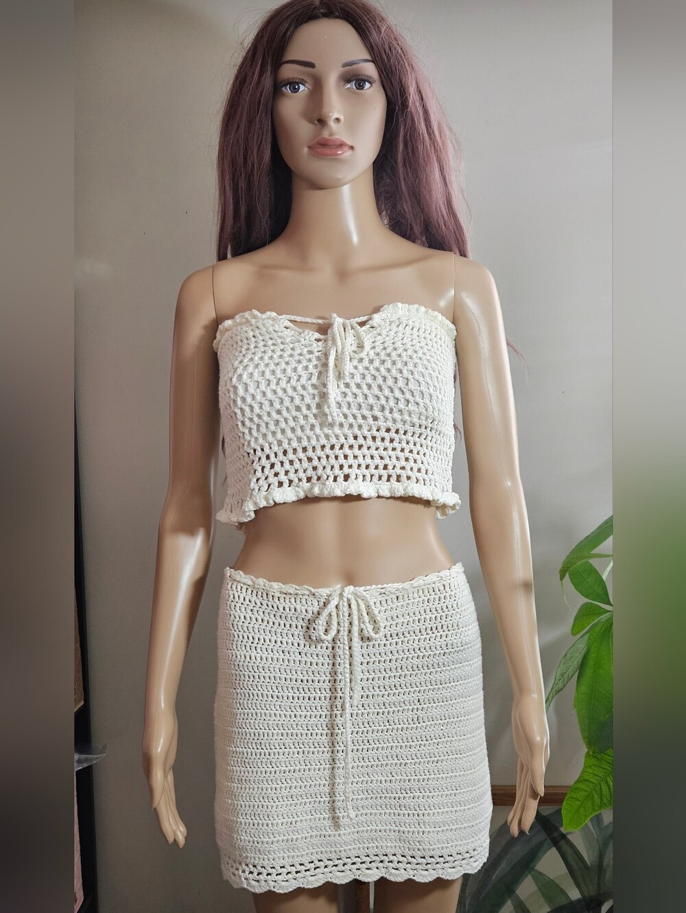 Tiger Mist Cream Crochet Tube Top & Skirt Set Lined Strapless